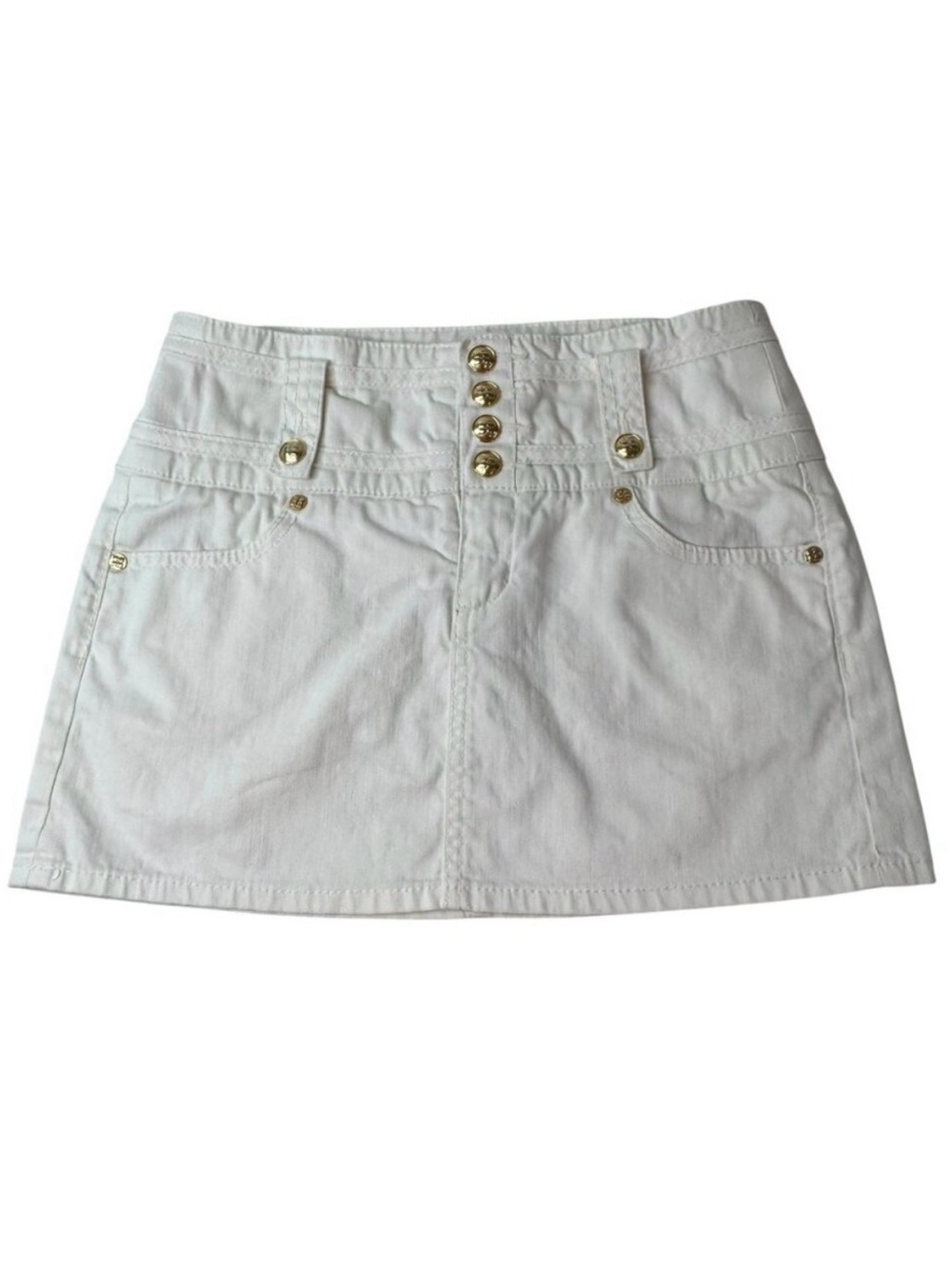 BCBG Max Azria White Denim Mini Skirt with Gold Button Detail Size 27